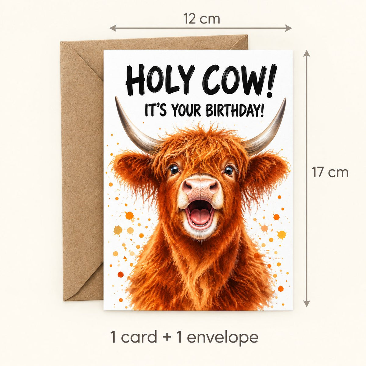 Highland cow birthday card measuring 12 cm wide by 17 cm high; one card and one kraft envelope included.