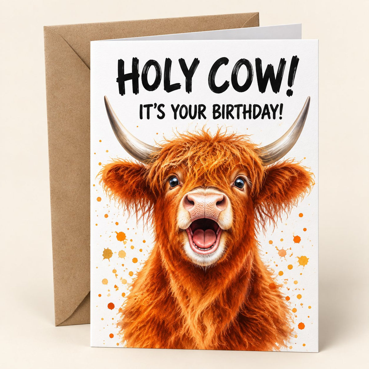 Holy Cow! It’s Your Birthday! Highland cow greeting card with one kraft envelope.