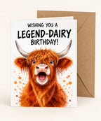 Wishing You a Legend-Dairy Birthday! Highland cow greeting card with one kraft envelope.