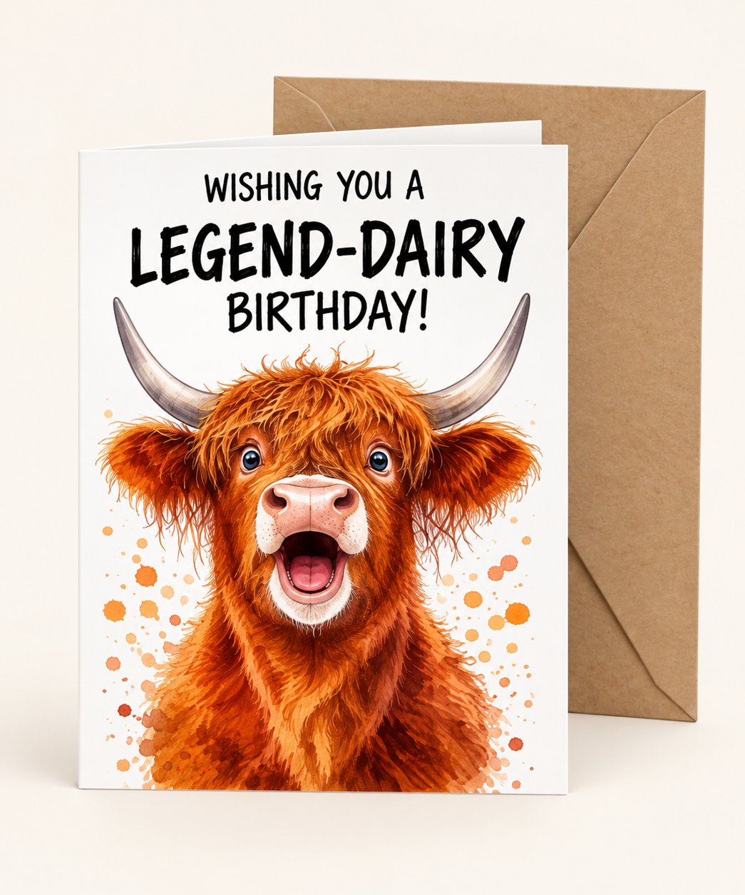 Wishing You a Legend-Dairy Birthday! Highland cow greeting card with one kraft envelope.