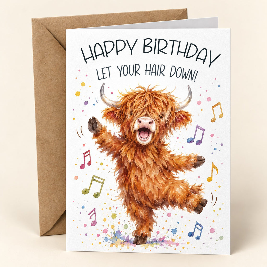 Let Your Hair Down Highland cow birthday card with colourful musical notes, shown with one kraft envelope.