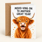 Mooo-ving On to Another Great Year! Highland cow greeting card with one kraft envelope.