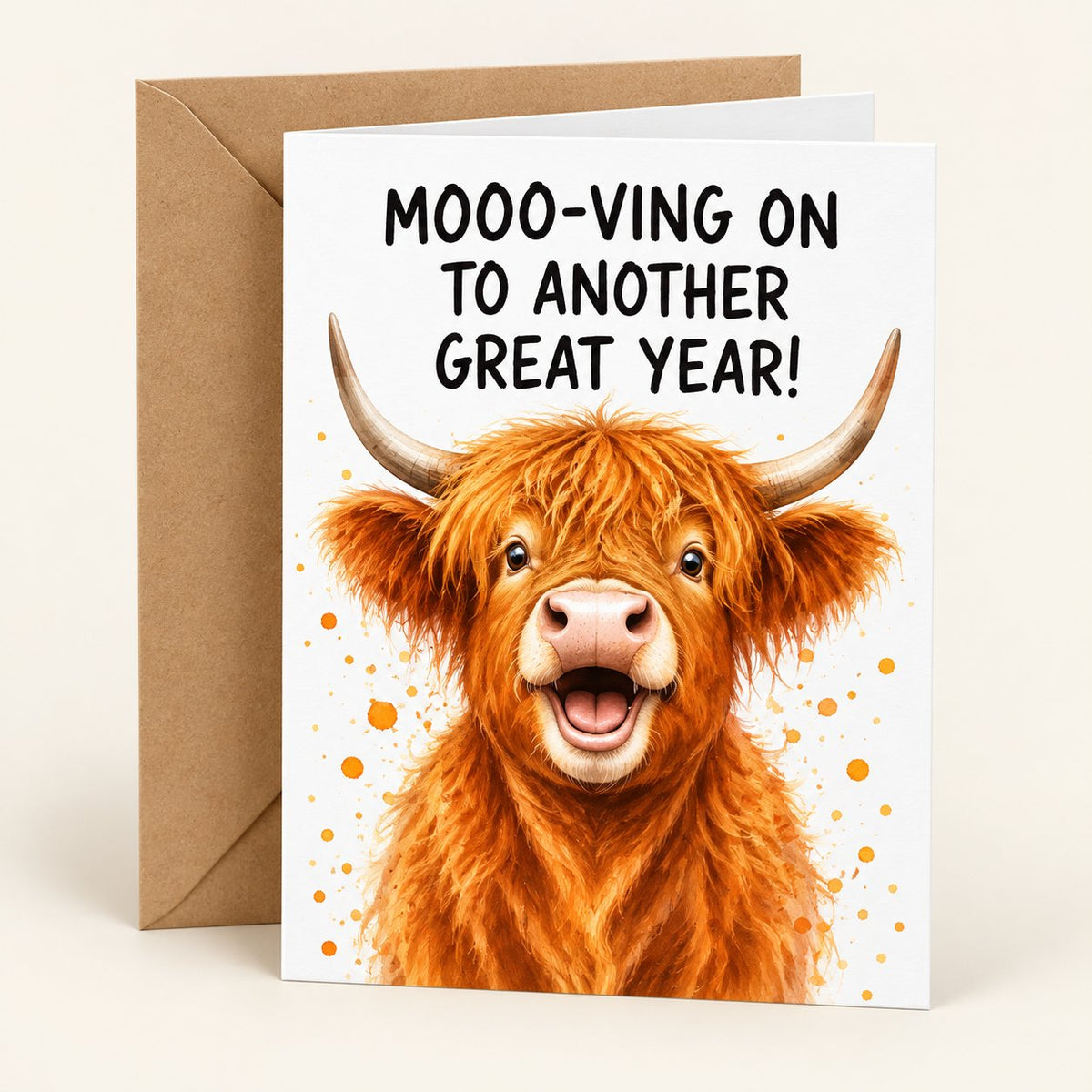 Mooo-ving On to Another Great Year! Highland cow greeting card with one kraft envelope.