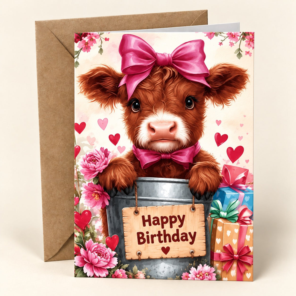 Pink Bow Birthday Highland cow card with a calf in a bucket, pink flowers and gifts, shown with one kraft envelope.