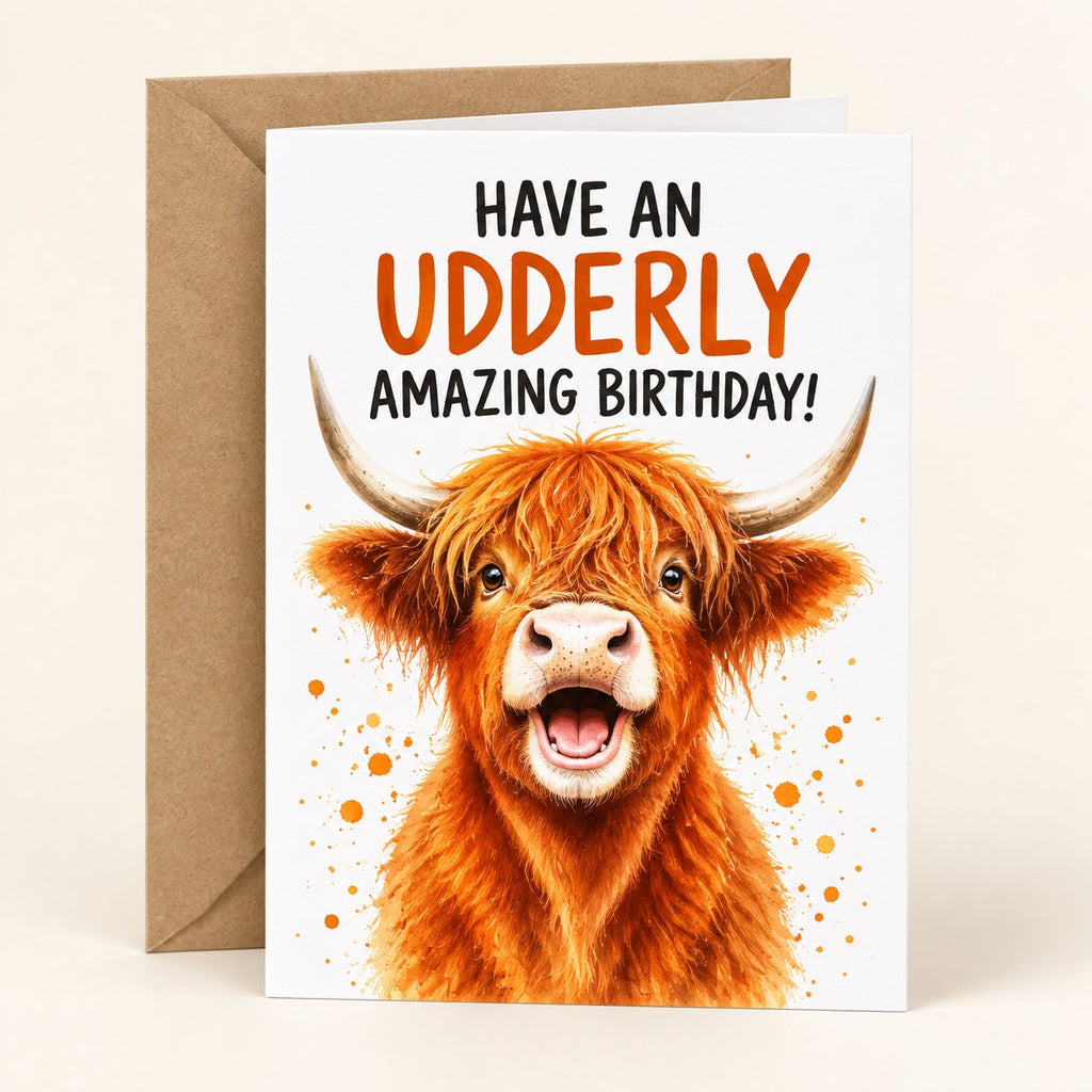 Have an Udderly Amazing Birthday! Highland cow greeting card with one kraft envelope.