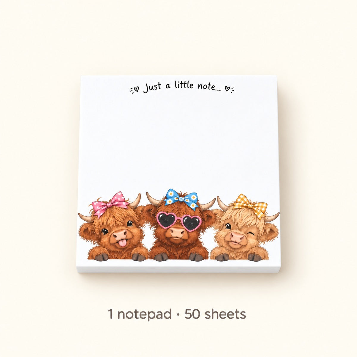 Pink Bow Highland Cow Memo Pad. contents.