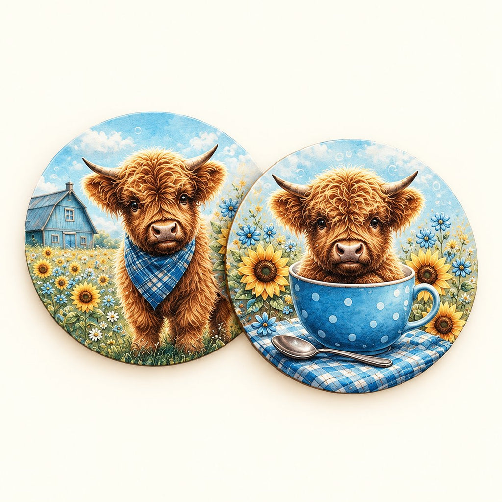 Close-up of two blue Highland cow coaster designs, showing the bandana and country house design beside the cow in a teacup.