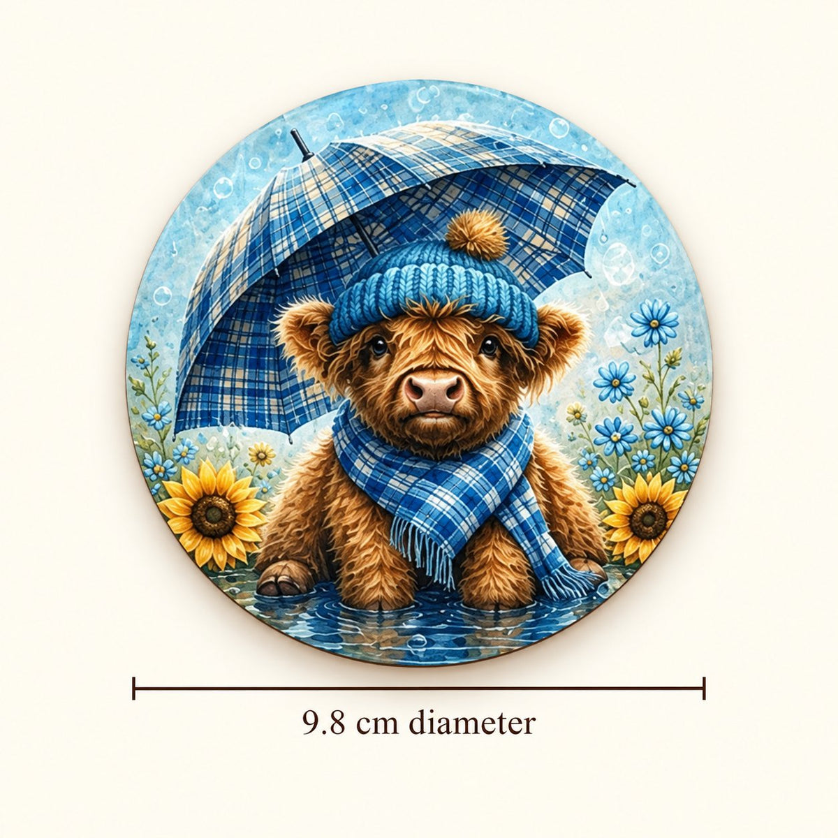 Blue Highland cow umbrella-design coaster with a size guide showing 9.8 cm diameter.