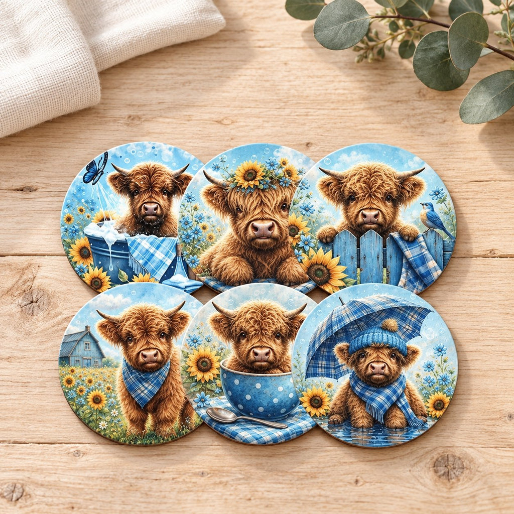 Six blue Highland cow coasters styled on pale timber with cream linen and eucalyptus; decorative props are not included.