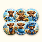 Six blue Highland cow wooden coasters in two overlapping rows on ivory, featuring bath, flowers, fence, bandana, teacup and umbrella designs.
