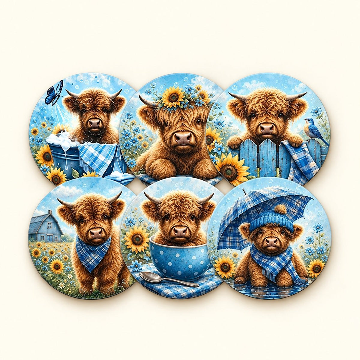Six blue Highland cow wooden coasters in two overlapping rows on ivory, featuring bath, flowers, fence, bandana, teacup and umbrella designs.