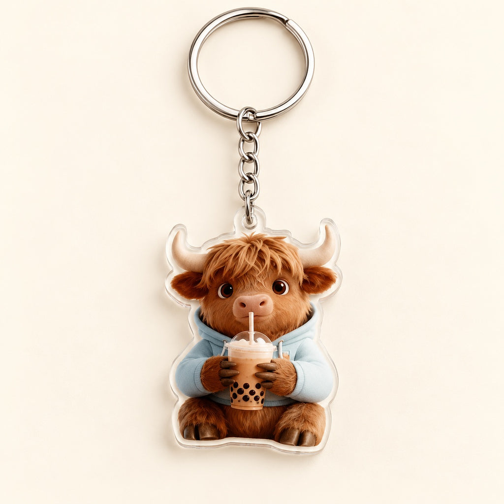Bubble Tea Highland Cow Acrylic Keyring. main.