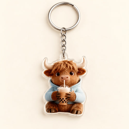 Bubble Tea Highland Cow Acrylic Keyring. main.