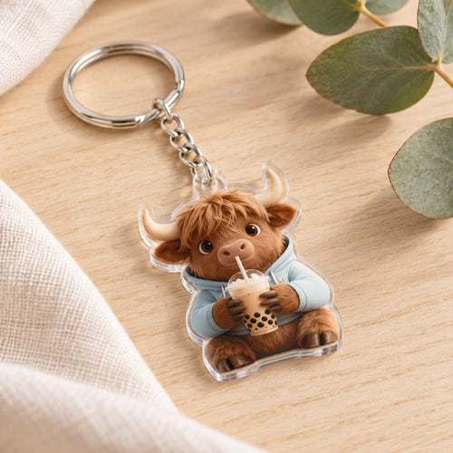 Bubble Tea Highland Cow Acrylic Keyring. lifestyle.