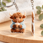 Bubble Tea Highland Cow Acrylic Keyring. detail.