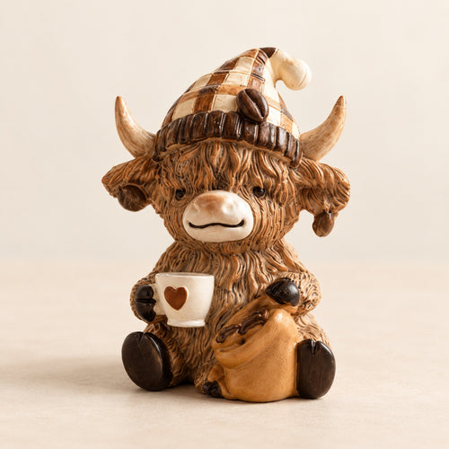 Individual Highland cow coffee beans figurine wearing a checked hat and holding a small mug beside a coffee-bean sack.