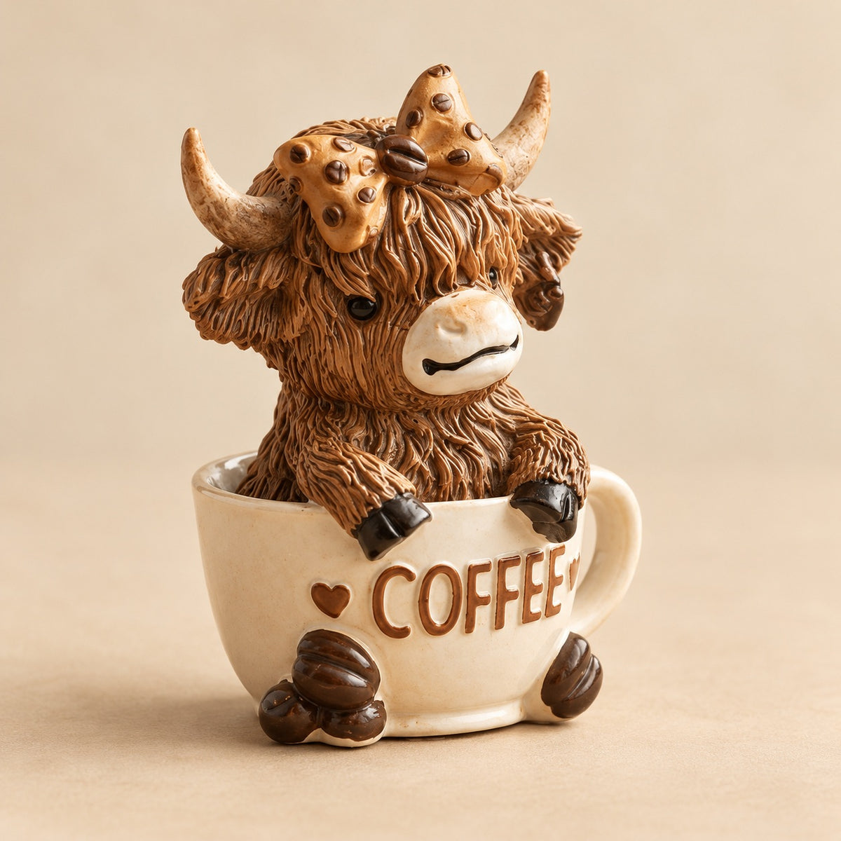 Individual Highland cow coffee cup figurine with a bow, sitting inside a cream cup decorated with coffee beans.