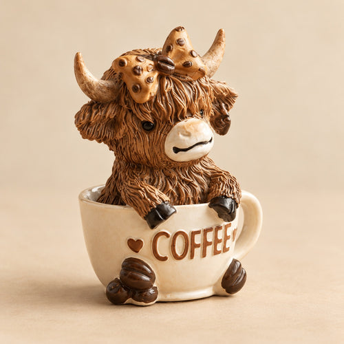 Individual Highland cow coffee cup figurine with a bow, sitting inside a cream cup decorated with coffee beans.