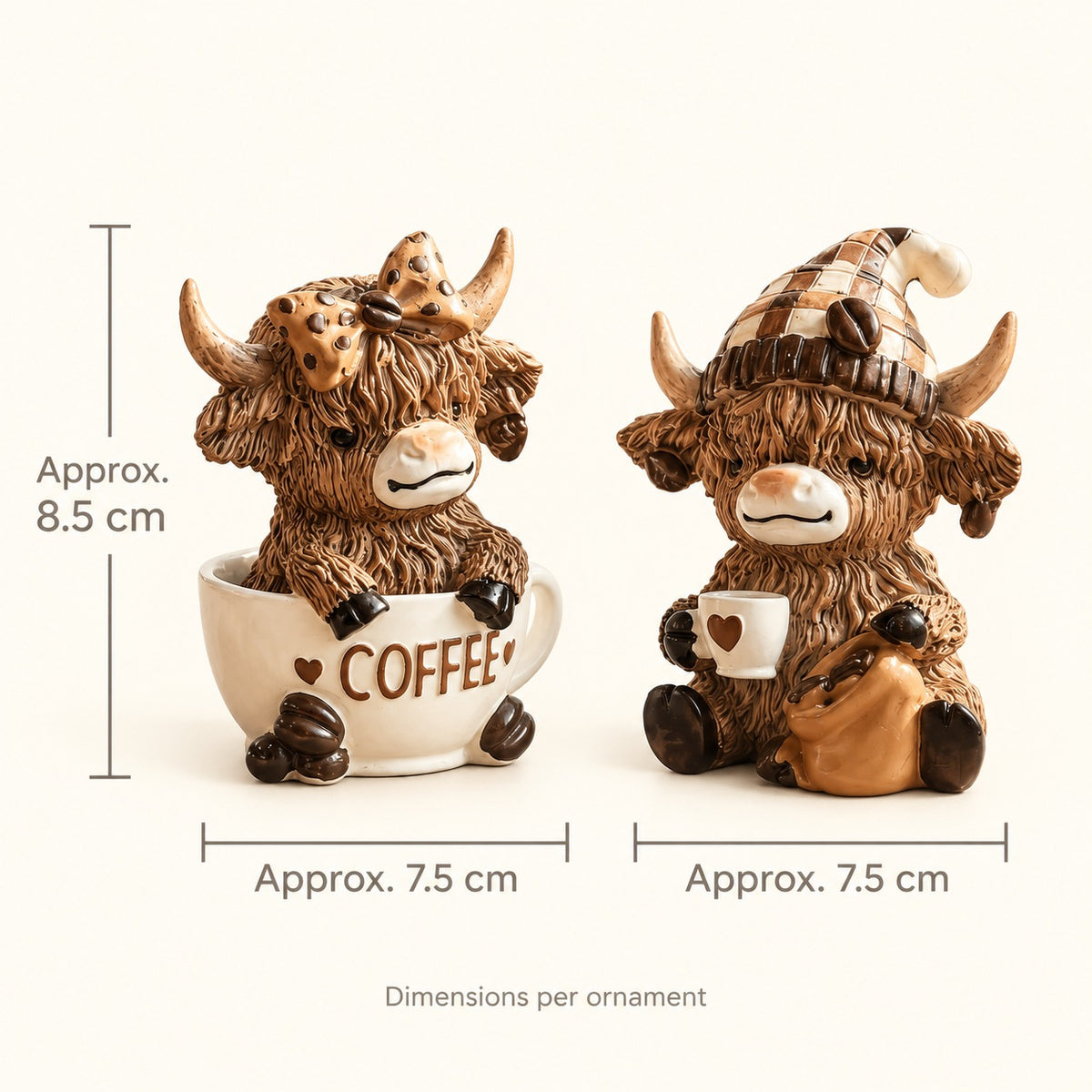 Highland cow coffee figurine size guide showing approximately 8.5 cm high and 7.5 cm wide per ornament.