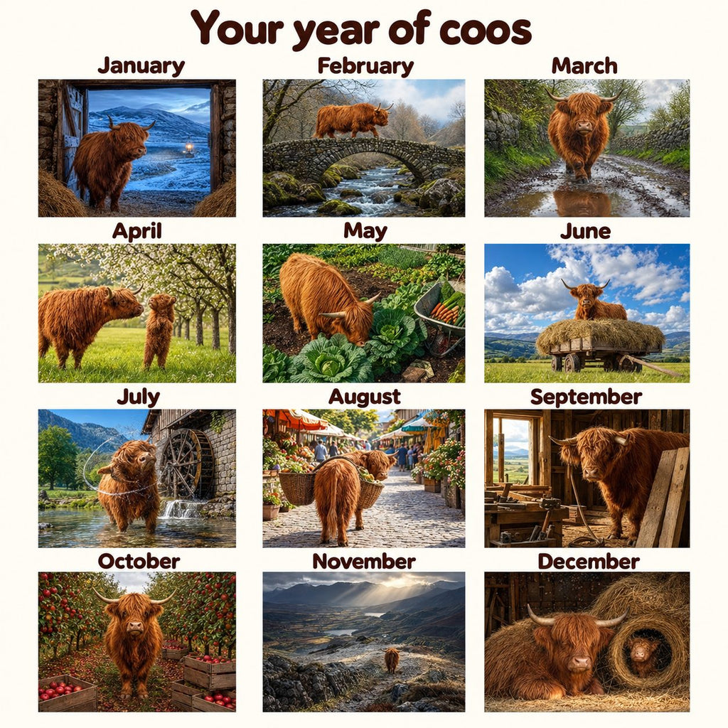 Highland Cow Country Days 2027 Wall Calendar. all months.