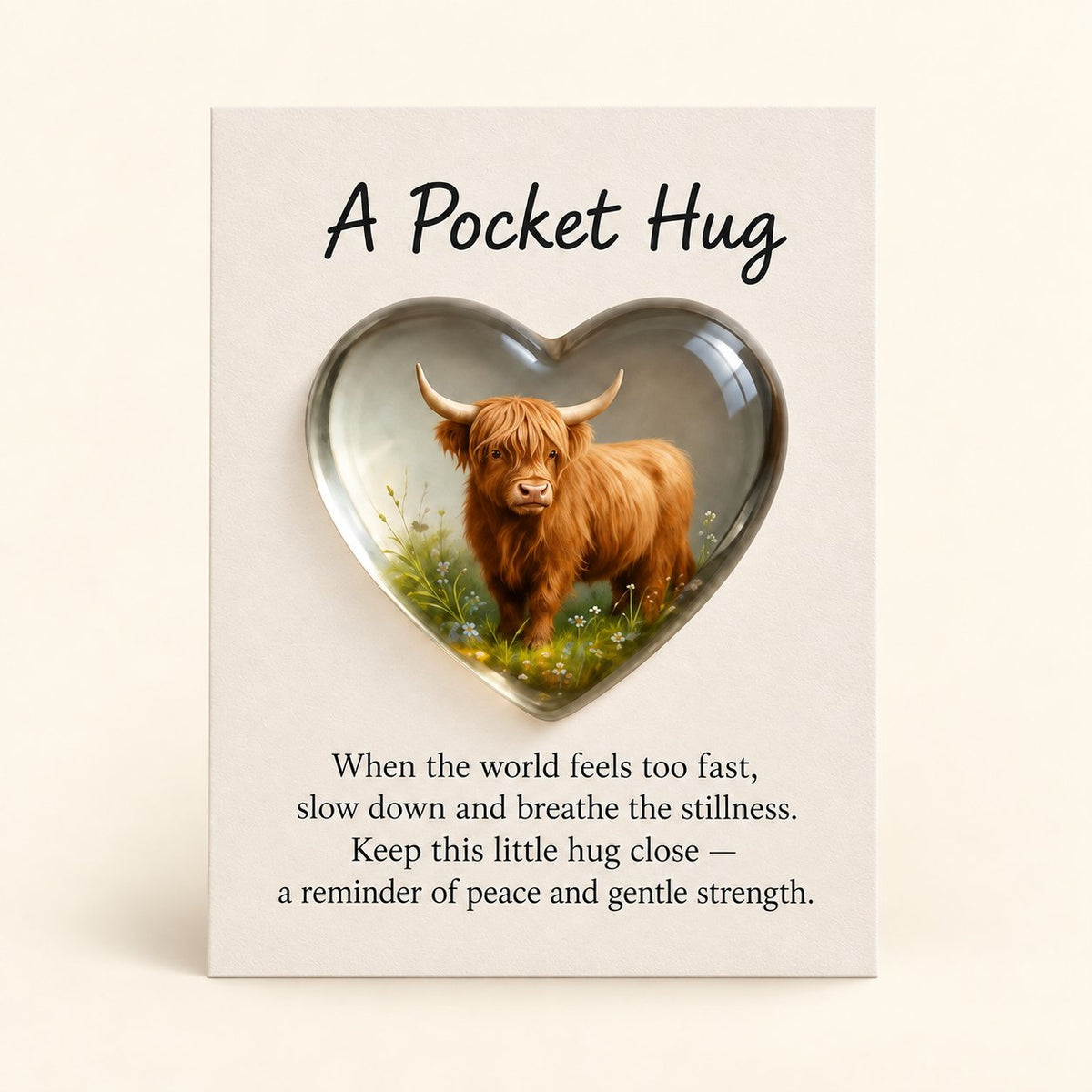 Close-up of the standing Highland cow and meadow artwork on the heart token, with the Pocket Hug message visible.
