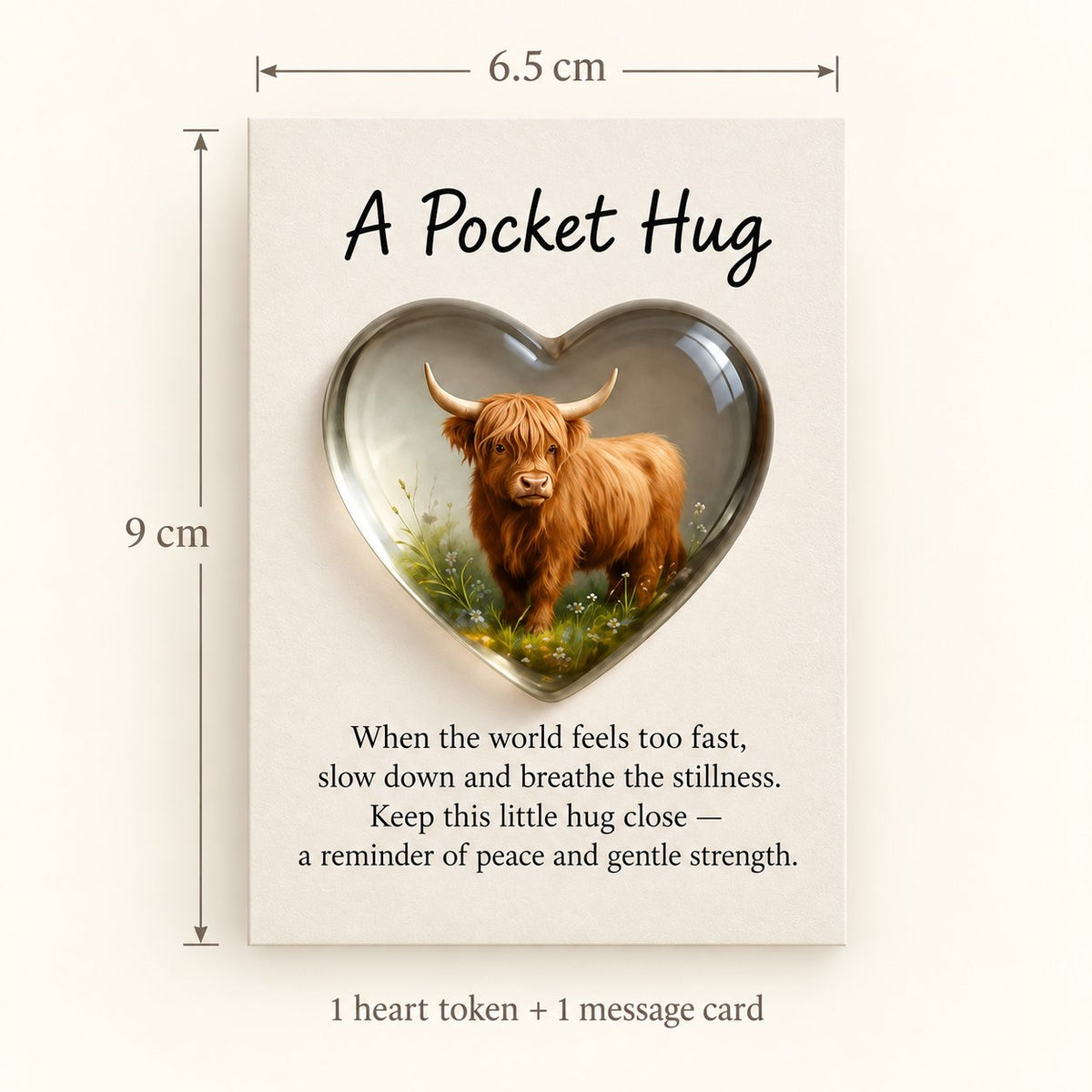 Country Highland cow pocket hug contents: one heart token and one message card measuring approximately 6.5 cm wide by 9 cm high.