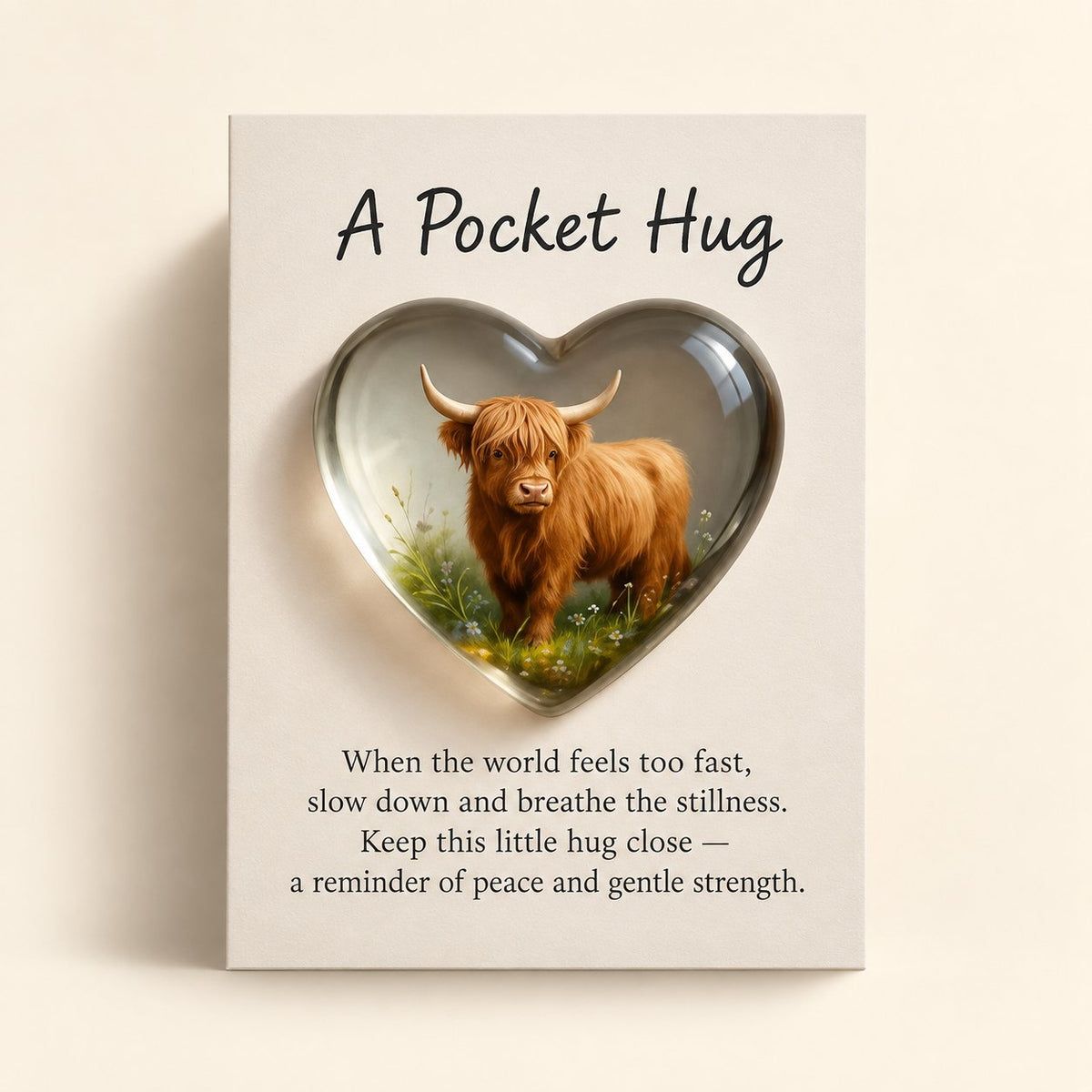Country Highland cow heart pocket hug with its printed encouragement message card on an ivory background.