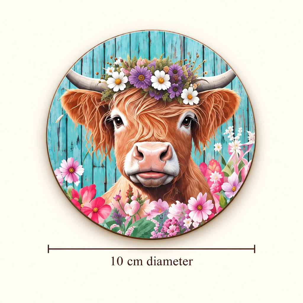 Floral Highland cow wooden coaster with a flower crown and turquoise background, with a size guide showing 10 cm diameter.