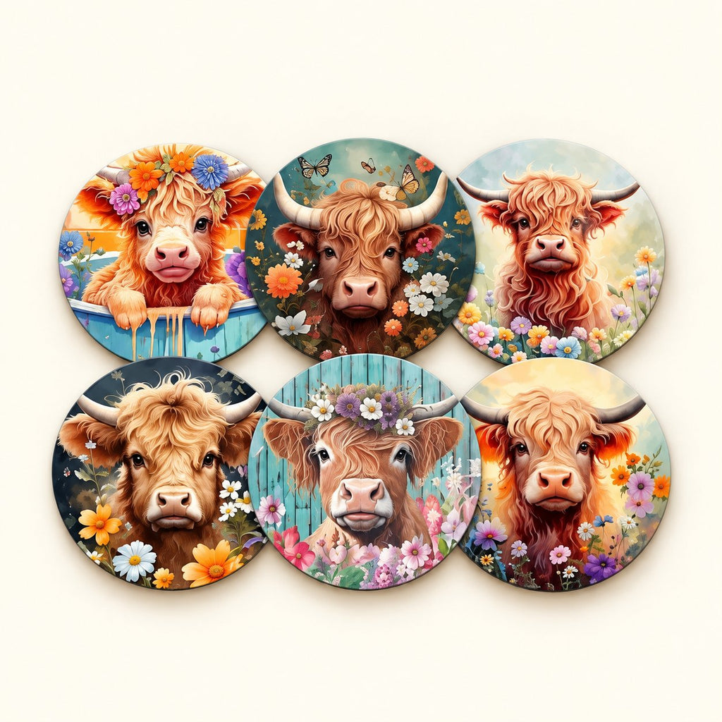 Six floral Highland cow wooden coasters arranged in two overlapping rows on ivory, showing all six colourful cow and flower designs.