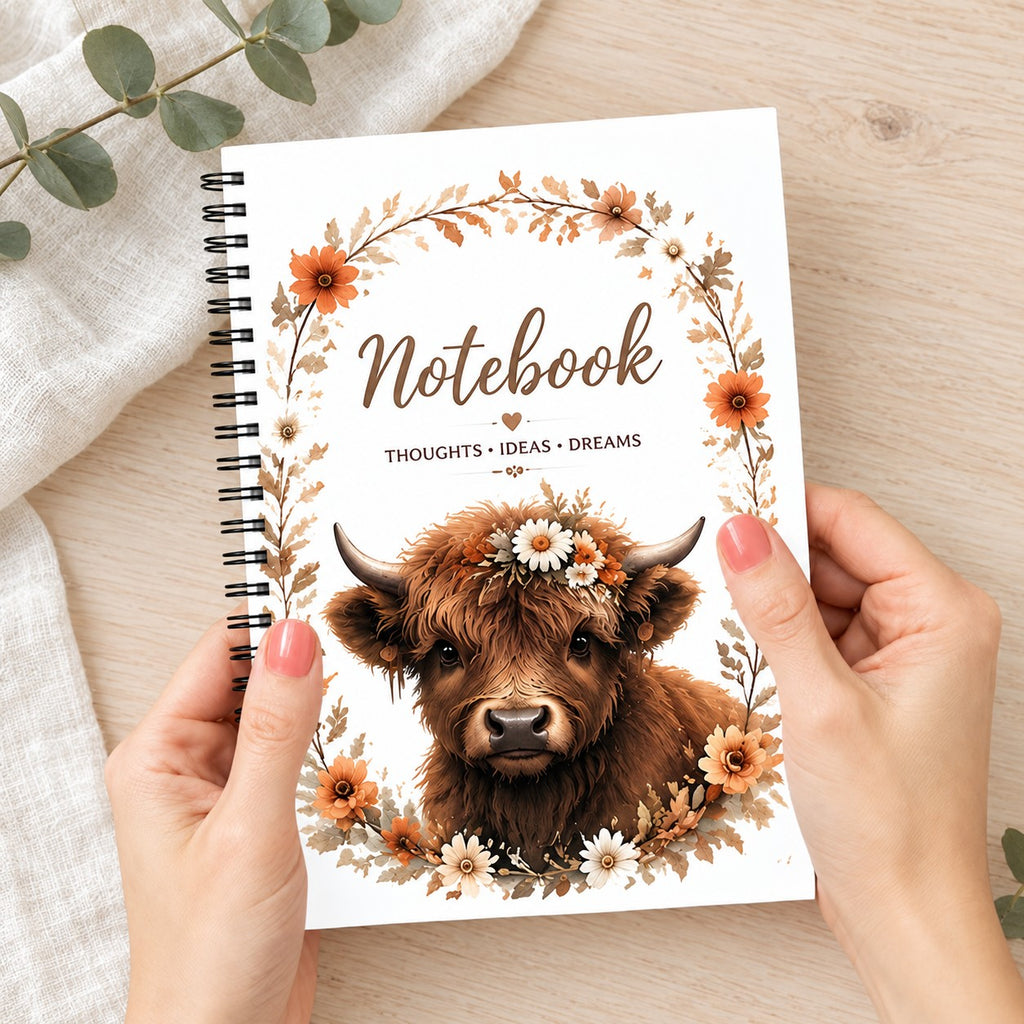 Retro Floral Highland Cow Spiral Notebook. lifestyle.
