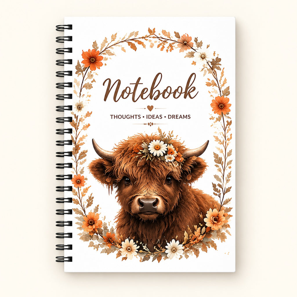Retro Floral Highland Cow Spiral Notebook. main.