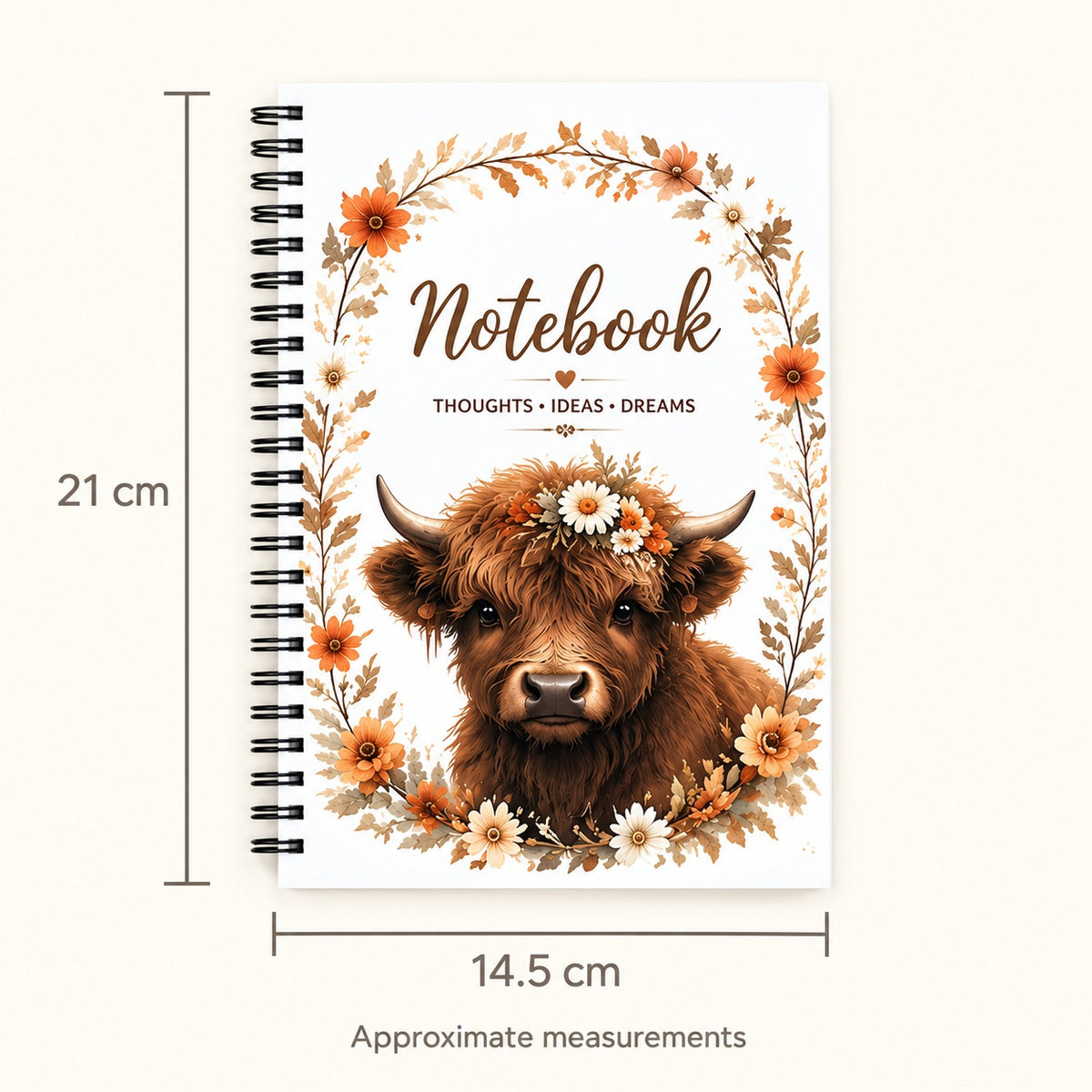 Retro Floral Highland Cow Spiral Notebook. size.