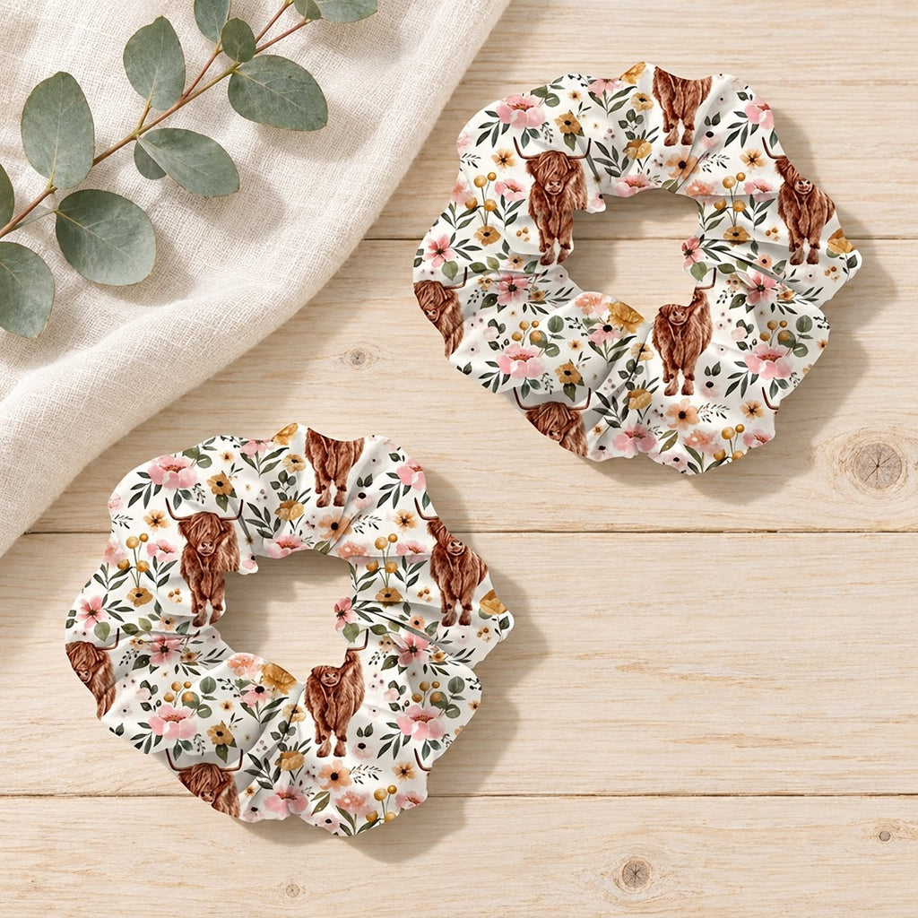 Floral Highland Cow Scrunchie. lifestyle.