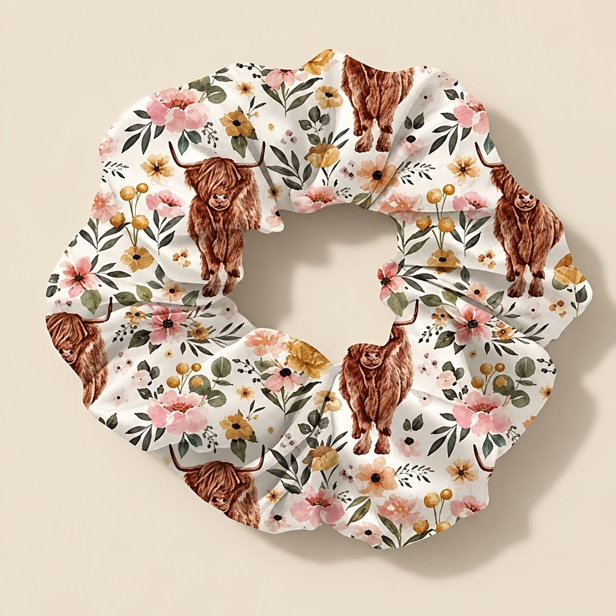 Floral Highland Cow Scrunchie. single main.