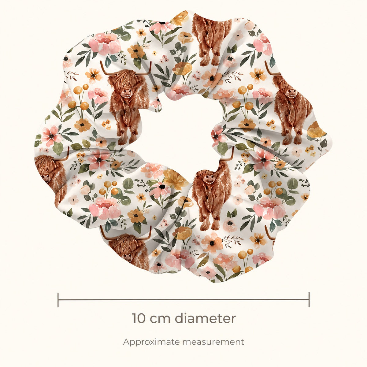 Floral Highland Cow Scrunchie. size.