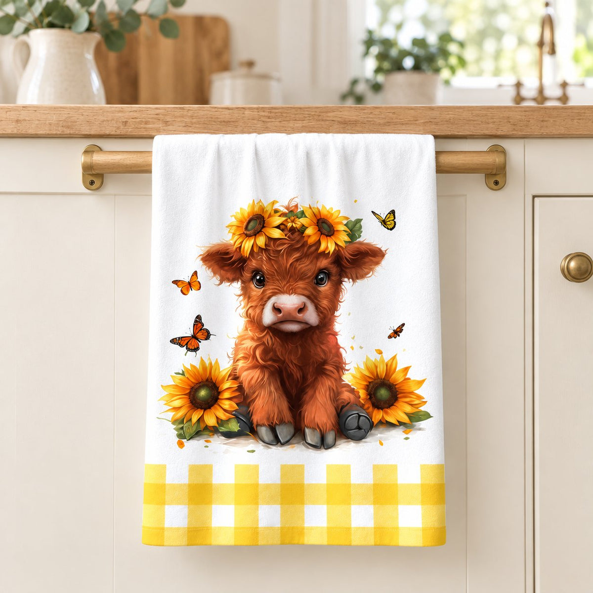 Sunflower Highland cow tea towel styled on a rail in a cream country kitchen