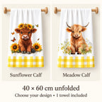 Sunflower Calf and Meadow Calf tea towel designs, 40 by 60 cm unfolded; sold individually with one towel included