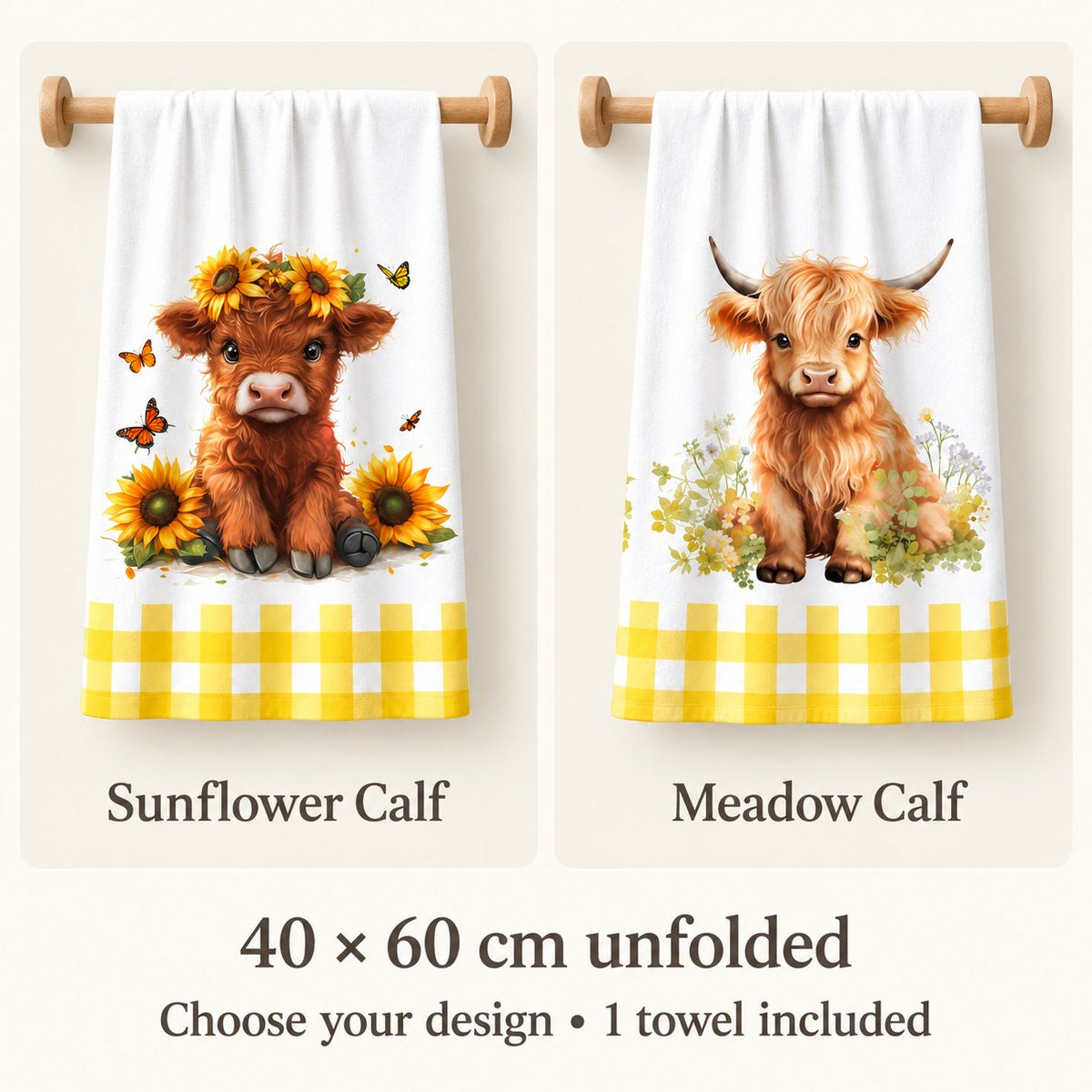 Sunflower Calf and Meadow Calf tea towel designs, 40 by 60 cm unfolded; sold individually with one towel included