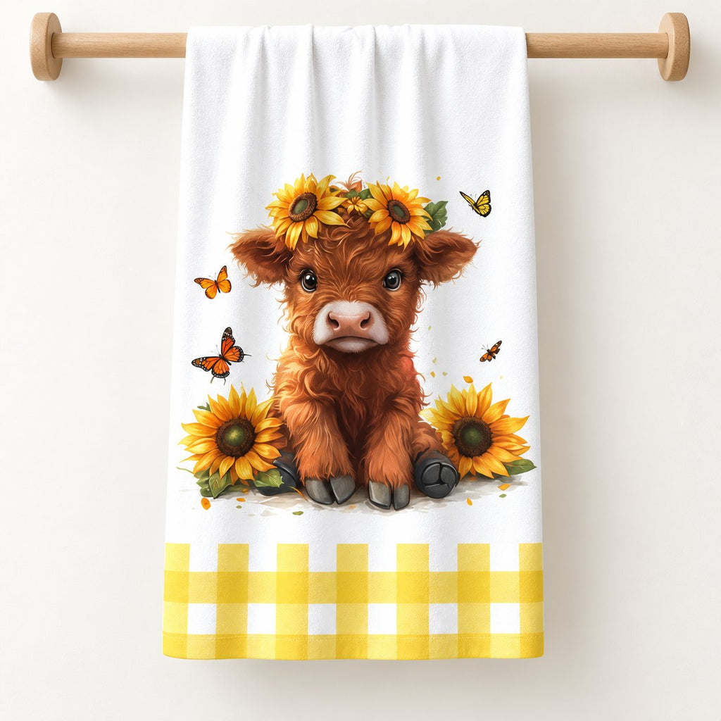 Sunflower Calf Highland cow tea towel with butterflies and a yellow gingham border, shown folded on a pale timber rail