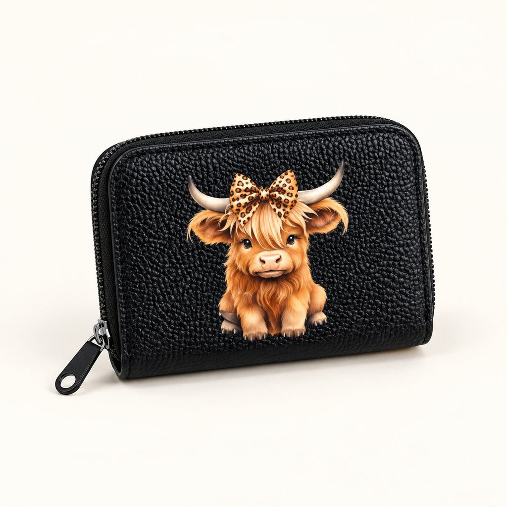 Black PU Highland cow card holder with leopard bow artwork and zip closure
