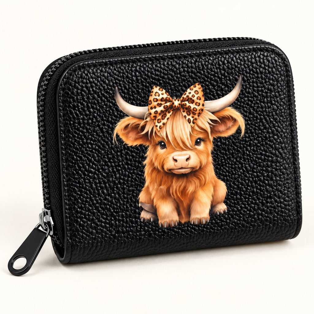 Close-up of Highland cow leopard bow print and textured pink PU card holder