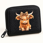 Close-up of Highland cow leopard bow print and textured pink PU card holder