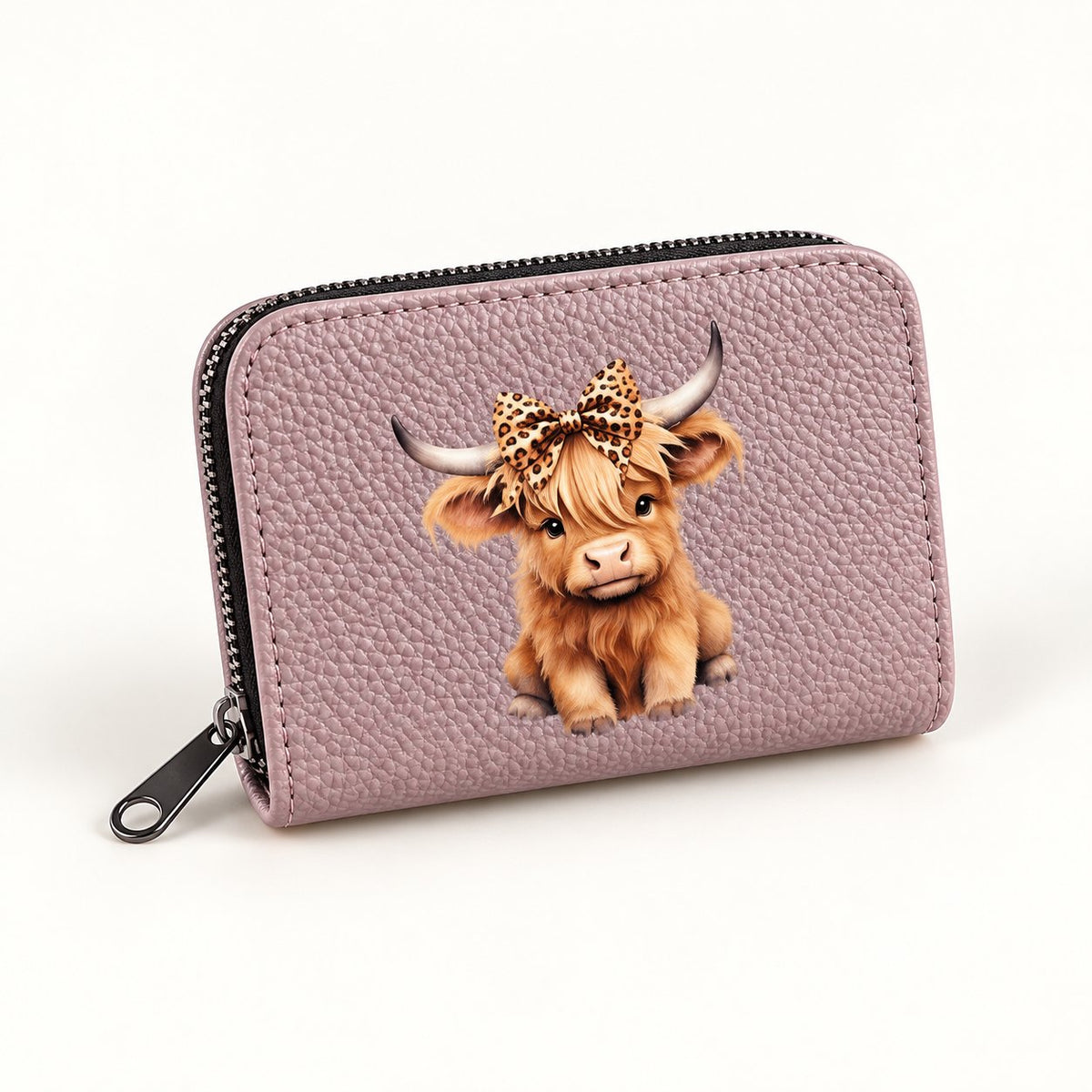 Pink PU Highland cow card holder with leopard bow artwork and zip closure