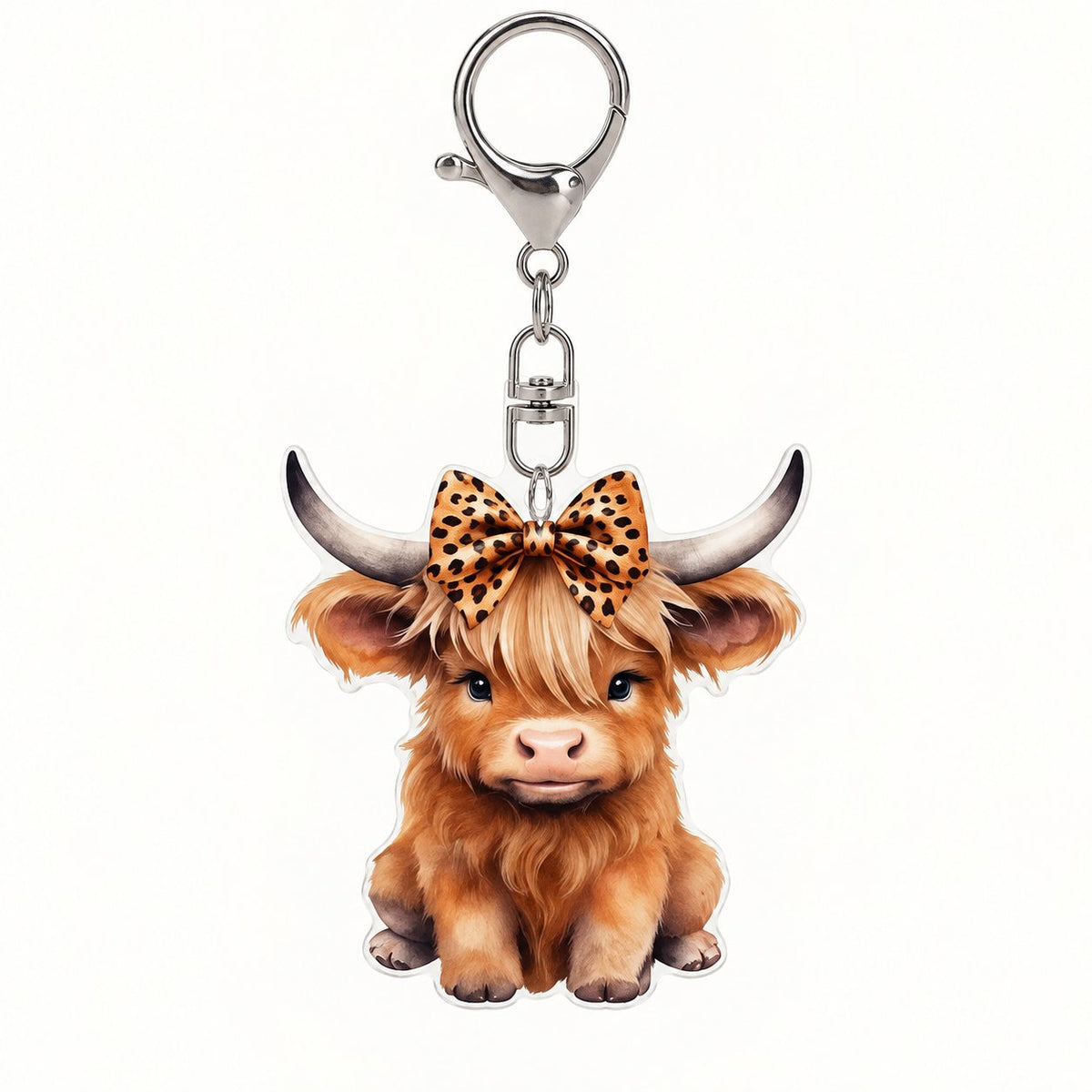 Front view of the printed Highland calf keyring, showing the leopard bow, horns and attached clasp.