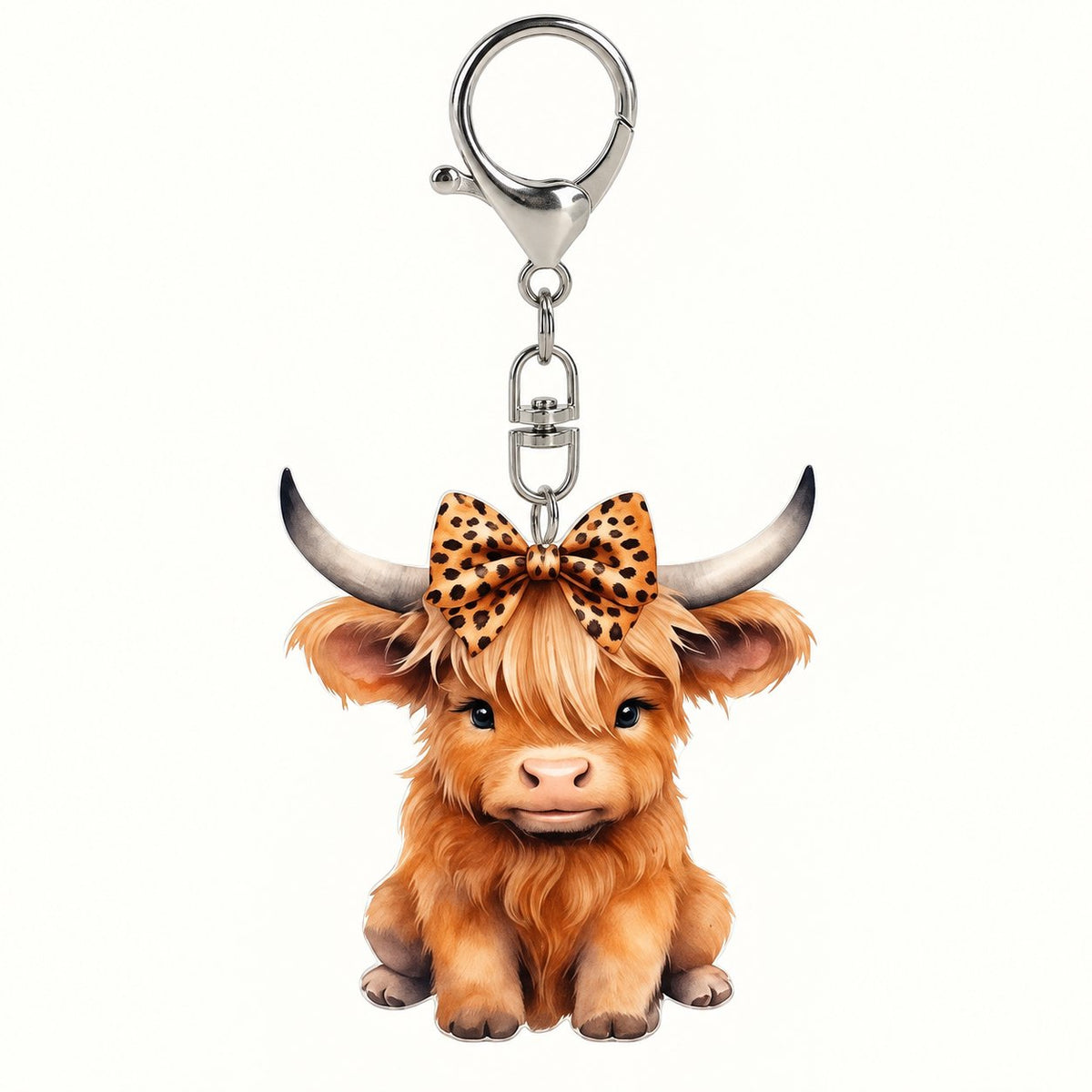 Highland calf keyring showing its silver-coloured lobster clasp and swivel connector.