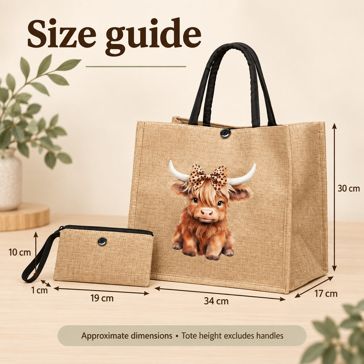 Size guide for the khaki Highland cow tote and plain purse: tote 34 × 30 × 17 cm; purse 19 × 10 × 1 cm. Approximate sizes; tote height excludes handles.