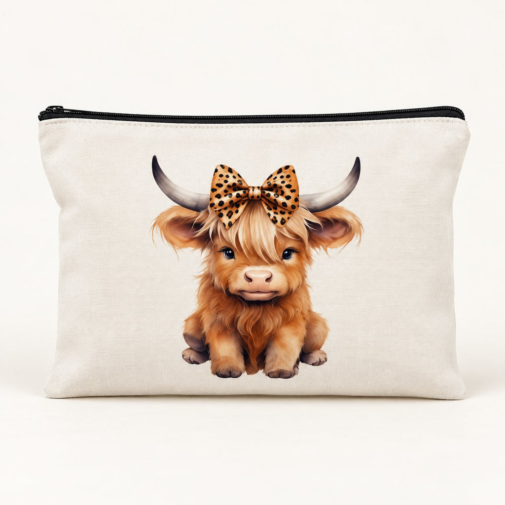 White Highland cow makeup pouch with leopard bow calf print and black zip