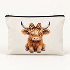 White Highland cow makeup pouch with leopard bow calf print and black zip