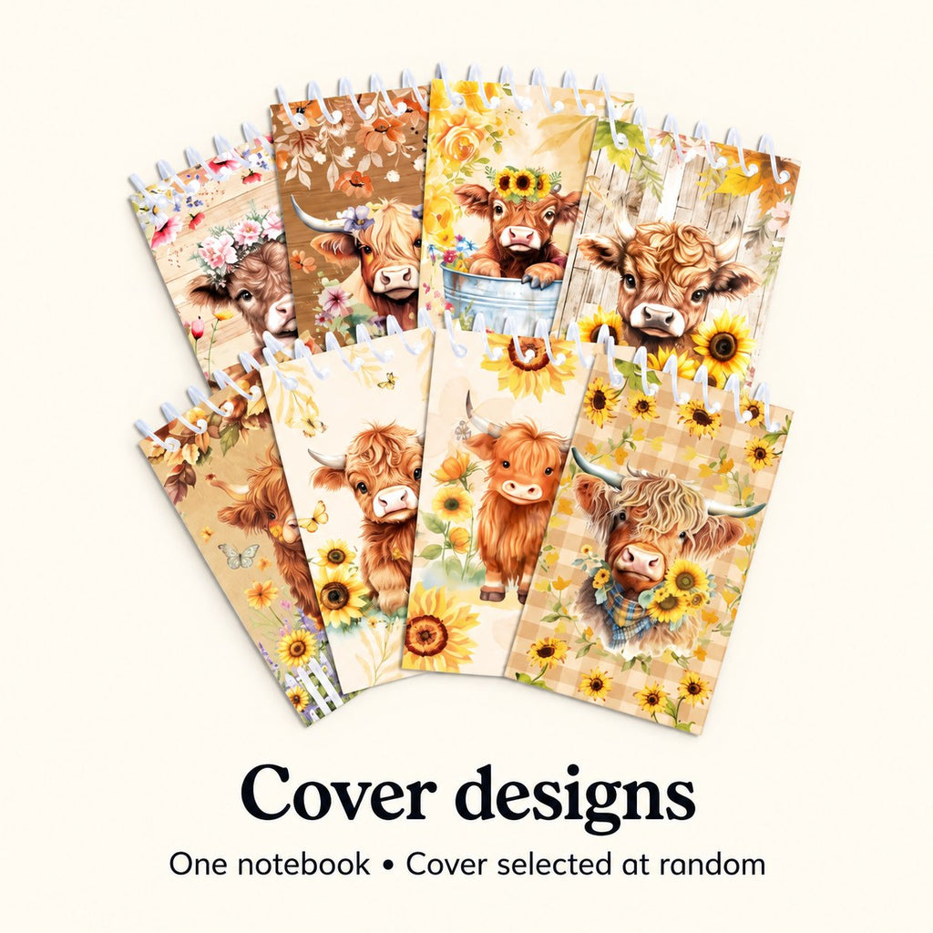 Eight floral Highland cow mini notebook cover designs from the assortment; one notebook is supplied with its cover selected at random.
