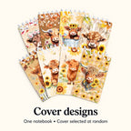 Eight floral Highland cow mini notebook cover designs from the assortment; one notebook is supplied with its cover selected at random.